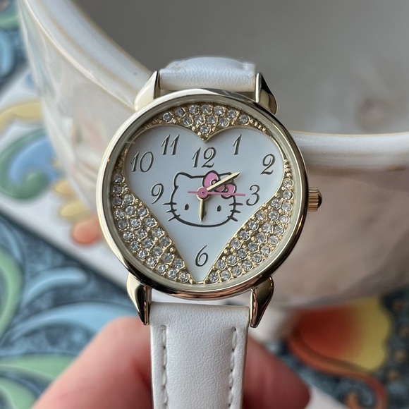 Hello Kitty Watch, Gold Crystals, White Band - Picture 2 of 10